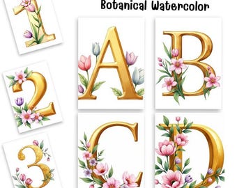 Botanical Watercolor Alphabet – A-Z, 0-9 Clipart (Digital Download)