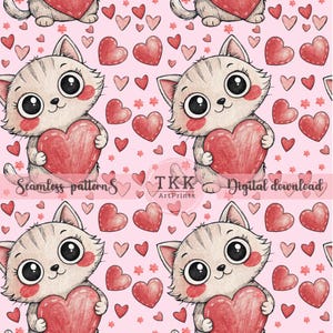 Een naadloze cartoonachtige illustratie van een vrolijk en schattig katje. Het kitten heeft unieke grote ronde ogen en een zachtaardig gezicht.