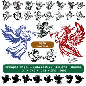 Trumpet Angel & silhouette 29  designs Bundle, Cut File, Clipart,  Silhouette, Cricut, ai, eps, dxf, png