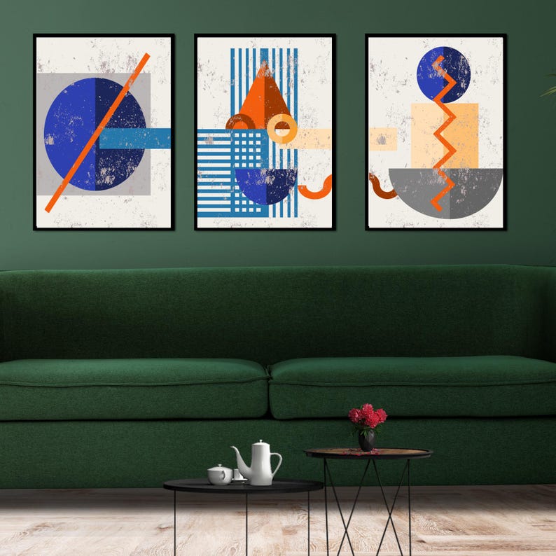 Mid Century Modern Wall Art Set of 3, Bauhaus Geometric Abstract Poster ...