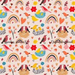 Un motivo senza soluzione di continuità raffigurante una mamma uccello che nutre i suoi piccoli in un nido. Linee disegnate a mano, fluttuanti tra fiori e cuori acquerellati.