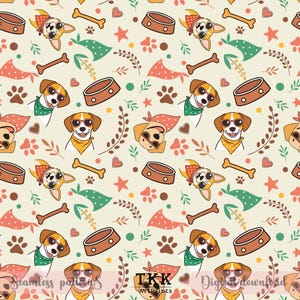 Een naadloos patroon van lachende honden met bandana's en zonnebrillen, bloemenweiden met heldere boho-zomermotieven
