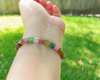 Natural Rainbow Tourmaline Bracelet: Real Raw Stone Beaded Stretch Bracelet