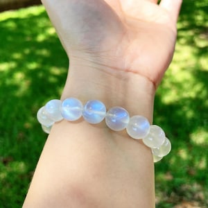 10mm Rainbow Moonstone Bracelet | Natural Blue Flash Healing Crystal Jewelry | Elastic Energy Bracelet | June Birthstone Gift for Her