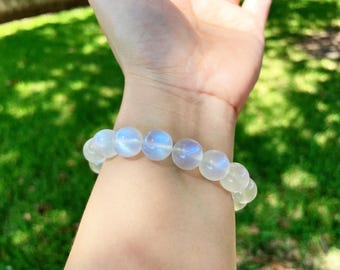 10mm Rainbow Moonstone Bracelet | Natural Blue Flash Healing Crystal Jewelry | Elastic Energy Bracelet | June Birthstone Gift for Her