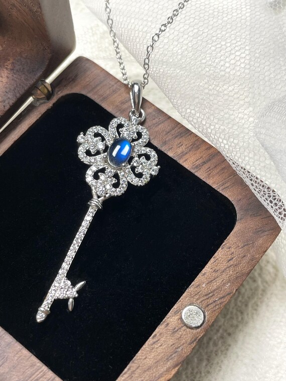 Rainbow Moonstone Necklace, Blue Moonstone Key Pendant 925 Sterling Silver Necklace Jewelry Gift