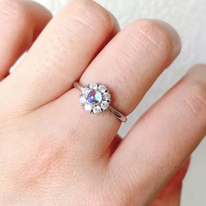 Rainbow Moonstone Ring Blue Flash | 925 Sterling Silver Adjustable Band | Halo Moon Stone Ring