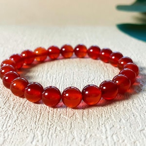 Natural Red Carnelian Bracelet | Minimalist 8mm Real Stone Beaded Stretch Bracelet for Courage Energy