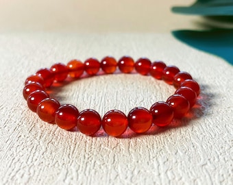 Natural Red Carnelian Bracelet, Minimalist 8mm Red  Gemtone Beaded Stretch Bracelet for Courage Energy, Birthstone Jewelry Gift for Her