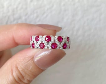 Vintage Ruby Band Ring, Natural Red Gemstone Ring, Dainty 18K White Gold Filled Ruby Ring, July Birthstone Jewelry Gift for Her