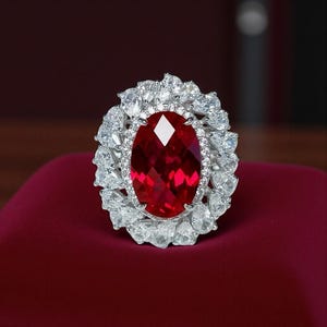 Ruby Diamond Halo Ring, 5ct Oval Red Gemstone Engagement Ring, 18K White Gold Ruby Wedding Band, Elegant Fine Jewelry Gift for Her