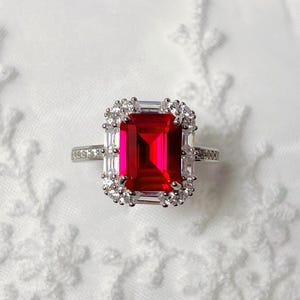 Vintage Ruby Emerald Cut Engagement Ring, 4ct Red Gemstone Diamond Accent, 18K White Gold Adjustable Band, Elegant Birthstone Jewelry Gift