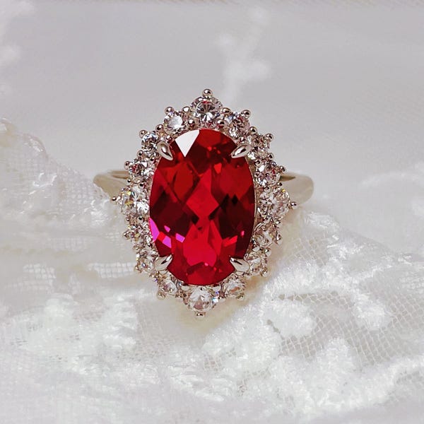 Vintage 5ct Ruby Engagement Ring, 18K White Gold Adjustable Band, July Birthstone Jewelry, Red Gemstone Wedding Anniversary Jewelry Gift