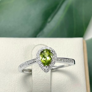 Dainty Peridot Ring | 925 Sterling Silver Adjustable Band | Natural Green Gemstone Stacking Ring