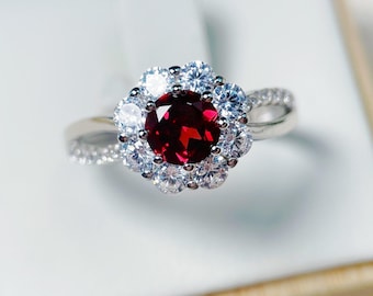 Dainty Ruby Halo Ring, 1.5ct Natural Red Gemstone with Moissanite Accent, 18K White Gold Adjustable Band, Elegant Jewelry Gift for Her