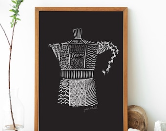May include: A framed wall art print featuring a white line drawing of a moka pot on a black background. The coffee maker is filled with various geometric patterns including circles, zigzags, and waves. The artist's signature is visible at the bottom.