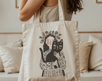 Black Cat Boho Cotton Canvas Tote Bag | Tote Bag, Cute Tote Bag, Cute Gift for her, Cute Book Bags, Cute Gift for Cat Lover