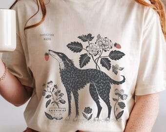 Forest Hound Folk Art Linocut Dog Lover Tee | Vintage Forestcore T-Shirt in 6 Colors