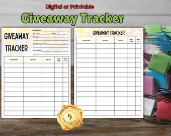 May include: Printable giveaway tracker with a light pink and yellow background. The tracker has columns for participant name, contact info, entry date, entries earned, and winner. The text "Giveaway Tracker" is at the top of the page.
