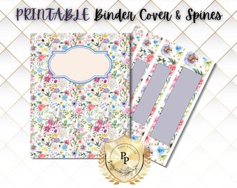 May include: Printable binder cover and spines with a floral pattern in shades of pink, blue, and green. The cover has a blank label with a blue border. The spines have a floral pattern and a blank label.