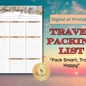 Printable Travel Packing Checklist | Vacation Essentials Planner, Luggage Organizer & Trip Prep List | Digital Download