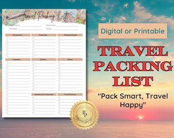 Druckbare Checkliste zum Verpacken | Urlaubs Essentials Planer, Gepäck Organisator & Reise-Vorbereitungsliste | Digitaler Download