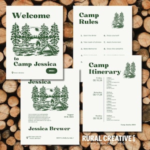 Camp Bachelorette Party Invitation and Itinerary, girls trip last trail before the veil bachelorette weekend invitation