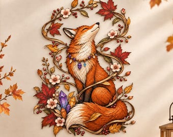 Pode incluir: Uma peça de arte de parede com uma raposa laranja com peito e ponta da cauda brancos, usando um colar de contas. A raposa está rodeada por folhas de bordo de outono, pequenas flores brancas, bagas vermelhas e cristais roxos e amarelos.