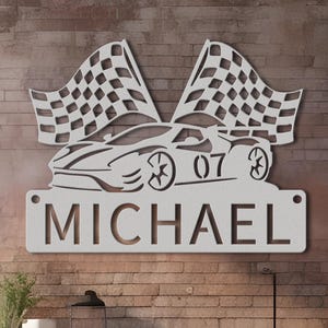 Custom Checkered Flag Racing Sign, Checkered Flag Monogram, Personalized Gift for Racer, Custom Finish Flag Name Sign, Racing Flag Metal Art