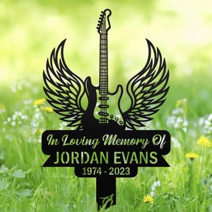 Custom Guitar Angel wings Memorial Stake, Metal Stake, Sympathy Sign, Grave Marker, Remembrance Stake, Guitar Memorial, Personalized Guitar