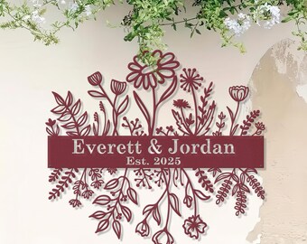 Letrero metálico con nombre familiar, arte floral personalizado para pared, letrero con apellido, decoración de jardín, regalo de boda, decoración para exteriores e interiores.