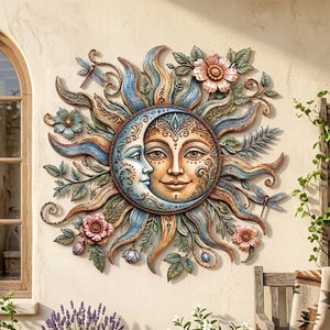 May include: A circular wall sculpture featuring a central sun and moon face with intricate patterns. The design includes radiating rays in shades of blue and gold, accented with sculpted flowers, leaves, and two dragonflies, creating a detailed celestial-themed decorative piece.