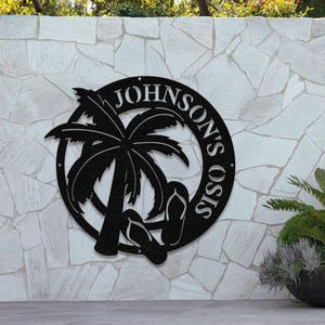 Personalized Beach Oasis Metal Sign, Custom Poolside Palm Tree Decor, Tropical Outdoor Wall Art, Backyard Oasis Name Sign, Coastal Sign
