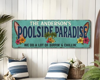 Personalized Poolside Paradise Sign, Pool Bar Decor Poolside Paradise, Tiki Bar Sign, Outdoor Pool Sign, Custom Gift, Patio Decor