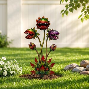 May include: A metal garden sculpture featuring five carnivorous plant heads on thin stems. The heads are painted in vibrant shades of red, green, and purple, each with sharp white teeth. The base consists of jagged, multi-coloured metal leaves.