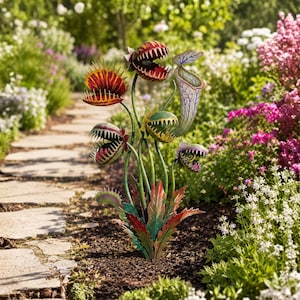 May include: A metal garden sculpture featuring multiple carnivorous plants, including several red and yellow Venus flytraps with jagged teeth and a tall, light-colored pitcher plant with blue veins, all supported by thin green stems and leaves.
