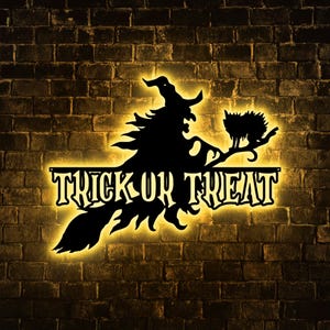 Halloween Trick or Treat LED Metal Sign, Witch on Broom Wall Art, Spooky Outdoor Decor, Haunted House Sign, Halloween Party Decoration