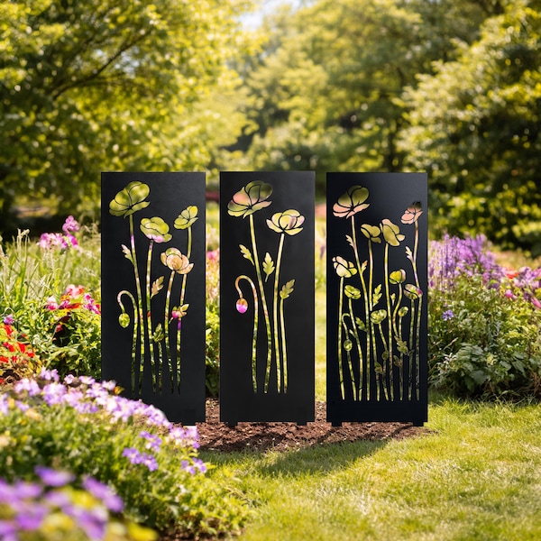 Metal Garden Privacy Screen with Poppy Flowers, Outdoor Decorative Metal Panel, Yard Divider Garden Decor