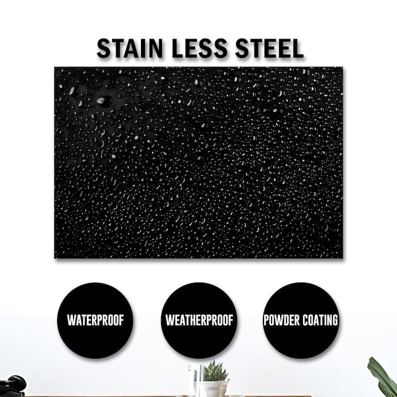 以下が含まれることがあります： 水滴模様の黒い長方形パネル。パネルの上には「STAIN LESS STEEL」の文字。下には「WATERPROOF」、「WEATHERPROOF」、「POWDER COATING」という文字が入った3つの黒い円があります。