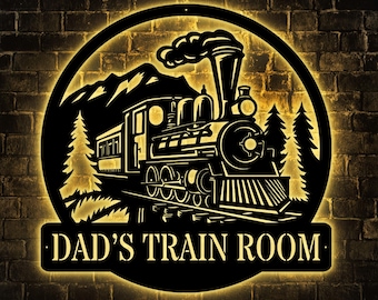 Custom Train Metal Wall Art with LED Light, Personalized Railroad Sign, Steam Engine Decor, Train Room Sign, Man Cave Gift, Train Lover