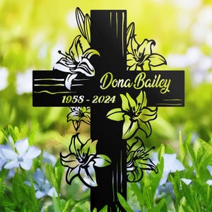 Cross With White Lilies Memorial Stake, Personalized Sympathy Sign, Grave Marker, Remembrance Stake, Dad, Mom Loss, Religion Metal Stake