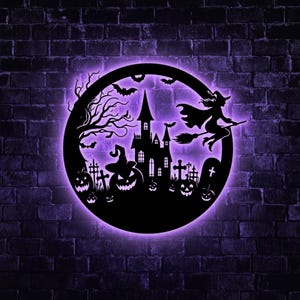 Halloween Haunted House Metal Wall Art – Spooky Witch Sign with LED Lights, Gothic Halloween Home & Living Room Decor