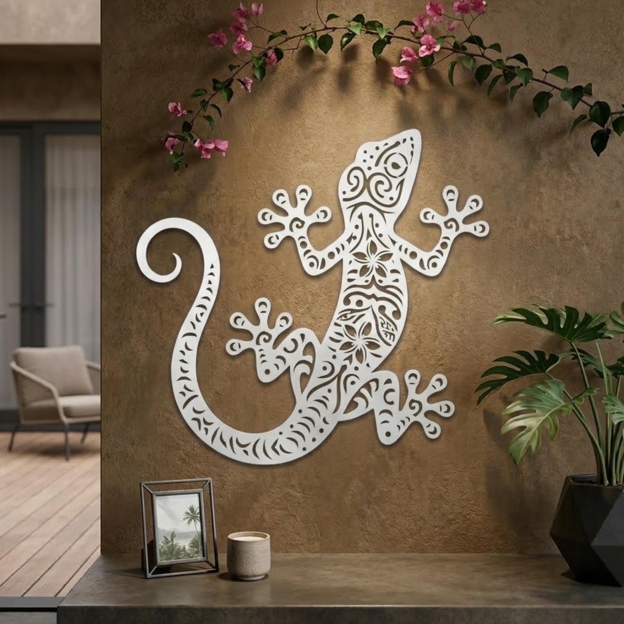 Gecko Metal Wall Decor, Extra Large Lizard Wall Art, Tropical Garden