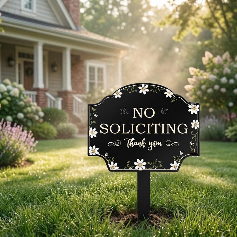 May include: A black yard sign with a scalloped edge featuring white daisy illustrations and green vines. The text reads NO SOLICITING in a bold serif font and Thank you in a cursive script. The sign is mounted on a black post.