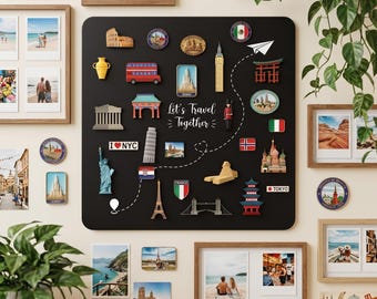 May include: A square black magnetic board featuring the white text Let's Travel Together, decorated with various travel-themed magnets including landmarks like the Eiffel Tower, Big Ben, Statue of Liberty, and national flags arranged along a dotted path.