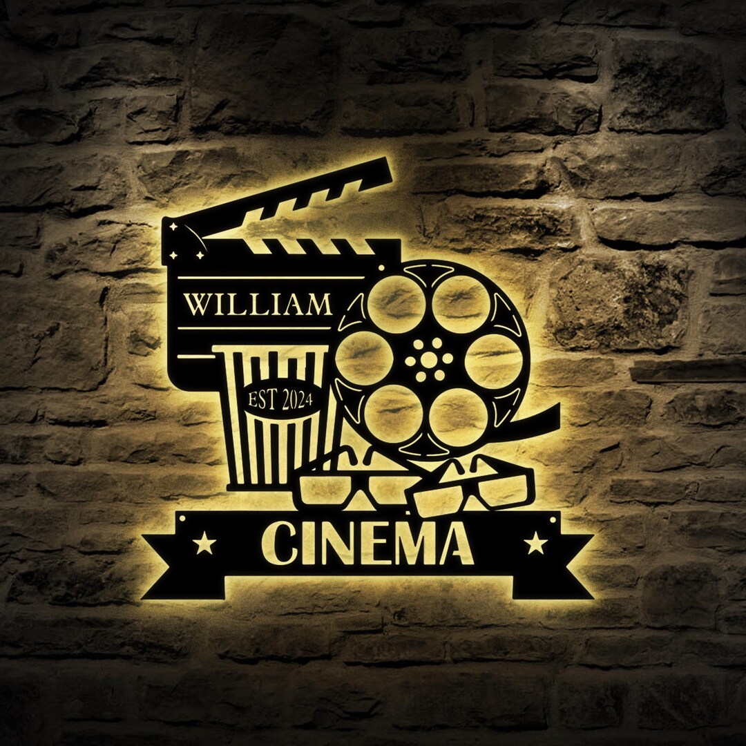 Personalized Home Movie Theater Metal Wall Art LED Light, Custom Cinema ...