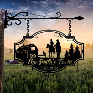 May include: Black metal farm sign featuring a barn, riders on horseback, and the text "The Smith's Farm EST. 2024". The sign hangs from a decorative bracket.