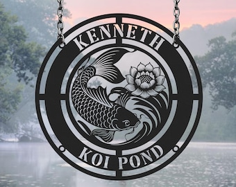 Arte de pared metálico personalizado con peces koi, letrero personalizado para estanque de koi, decoración de peces para exteriores, letrero metálico con loto koi, decoración de pared para jardín o patio.
