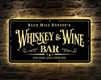 Custom Whiskey & Wine Bar Metal Sign with Led Lights, Wine Bar Pub Metal Wall Art, Alcohol Drinking Name Sign, Wine Shop Decor, Man Cave