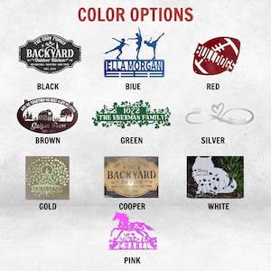 May include: A collection of ten custom metal signs in various colours including black, blue, red, brown, green, silver, gold, copper, white, and pink. Each sign features unique laser-cut designs, names, and text such as Backyard, Ella Morgan, Bulldogs, Geiger Farm, The Uberman Family, Sarah, Yoosaeng, and Chanel.
